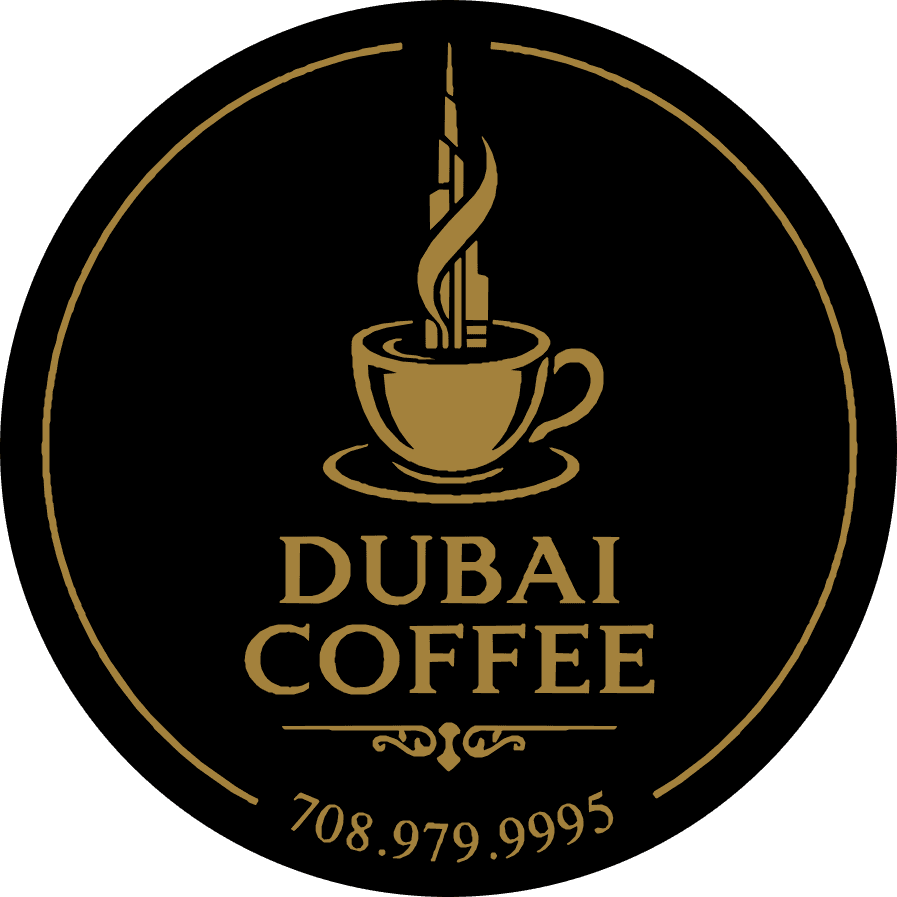 Dubai Coffee & More — gold logo with Burj Khalifa coffee cup