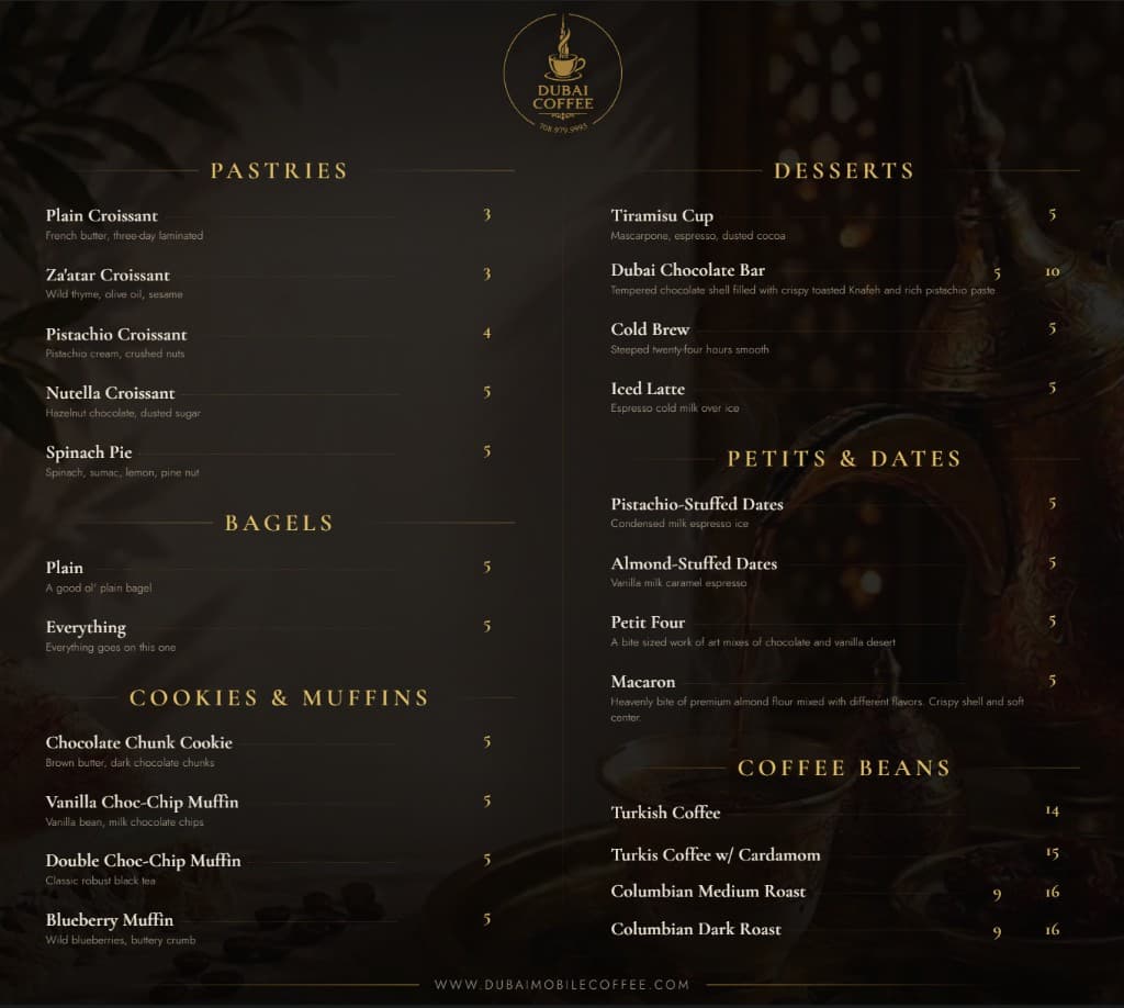 Dubai Coffee full menu board — pastries, desserts, coffee beans, and more